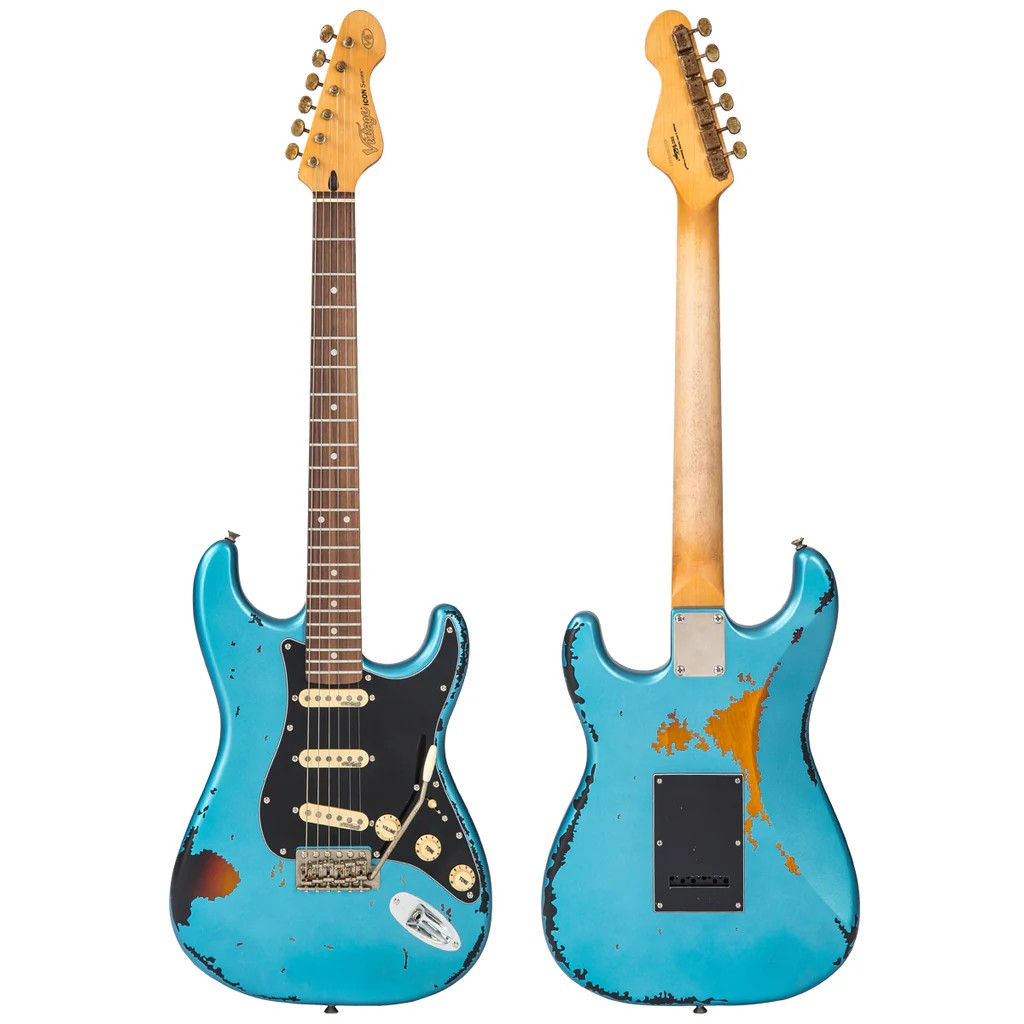 Vintage V6 ICON Electric Guitar  Distressed Gun Hill Blue Over Sunburst