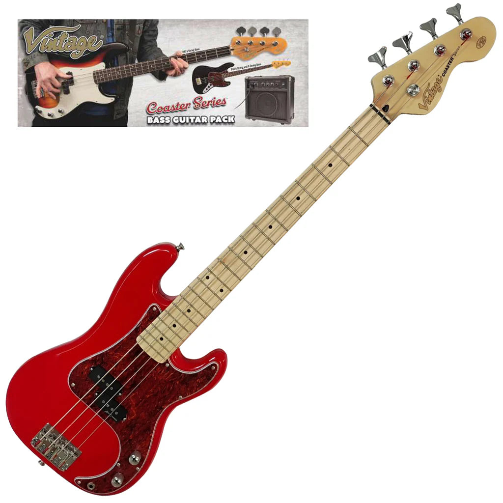 Vintage V30 Maple 7/8 Size Coaster Series Bass Guitar Pack - Gloss Red