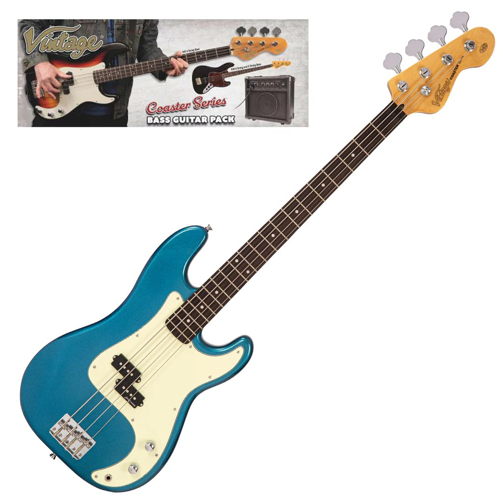 Vintage V40 Bass Candy Apple Blue Guitar Pack