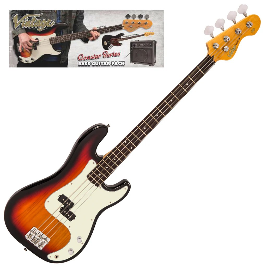 Vintage V40 Bass 3 Tone Sunburst Guitar Pack