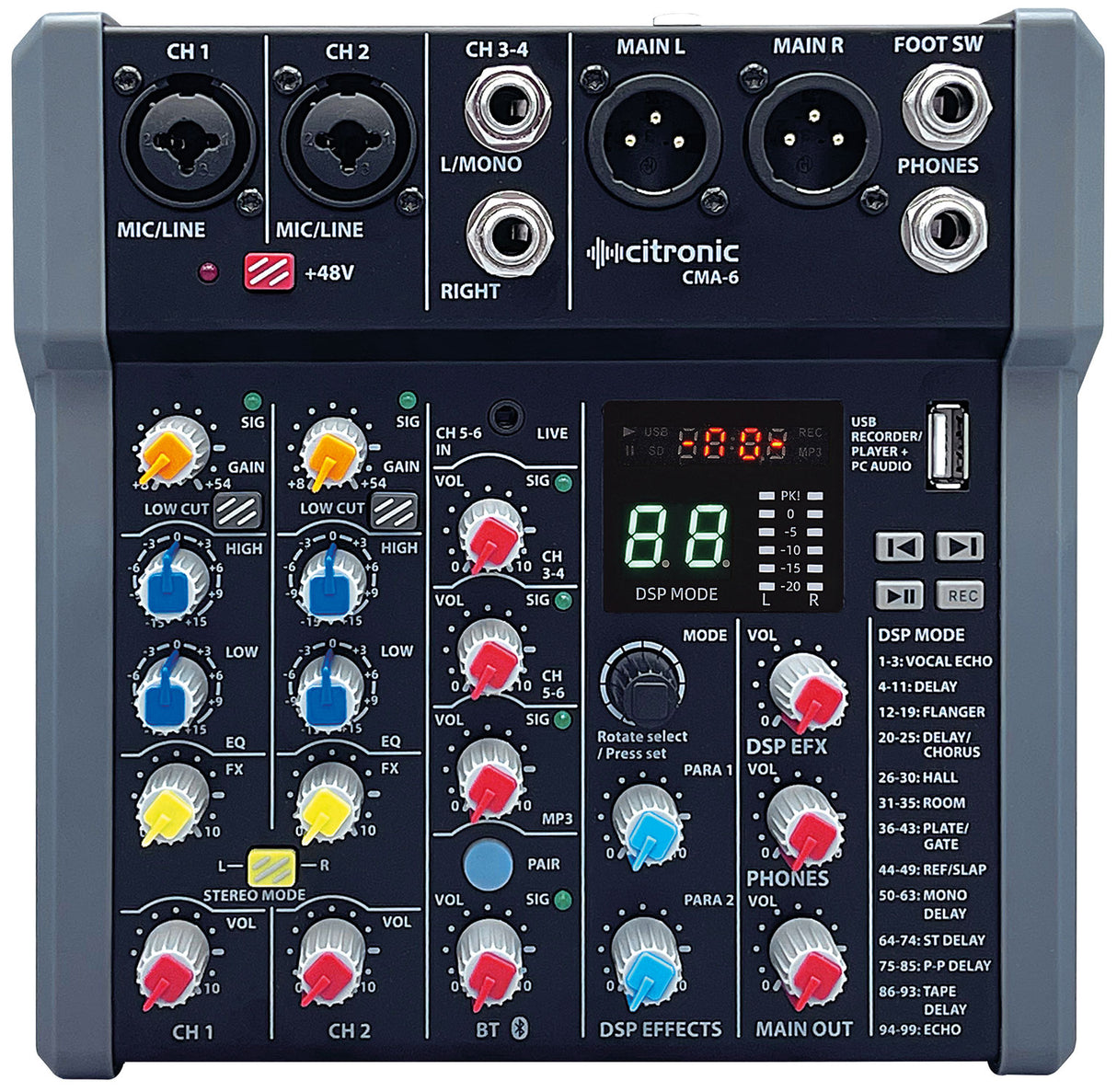 Citronic CMA-6 Compact Mixer with DSP, USB Play/Record/PC and Bluetooth