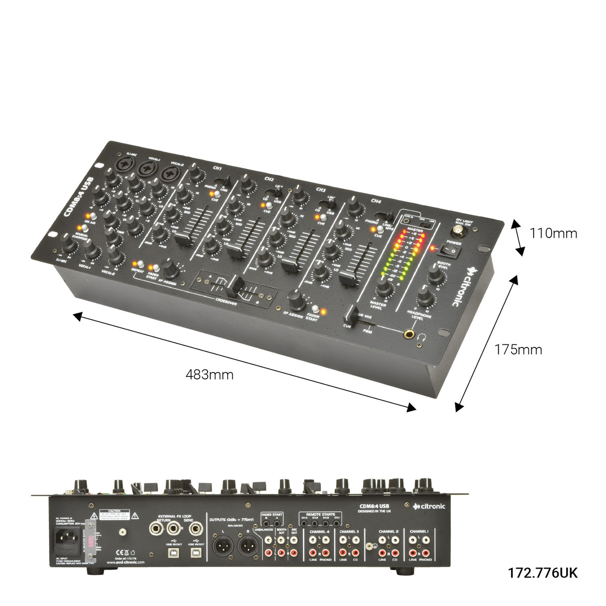 Citronic CDM8:4 USB 4 Channel 19in Rack Mount DJ Mixer