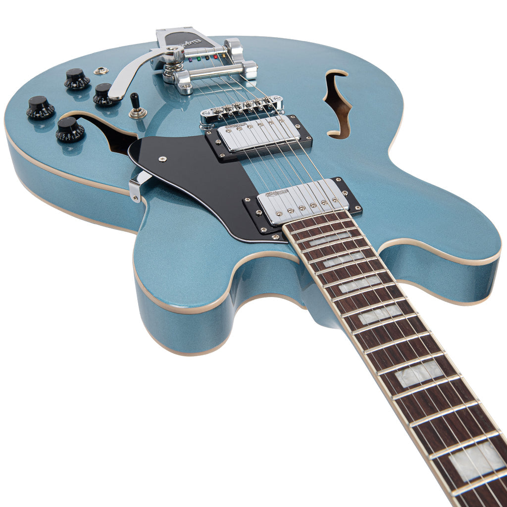 Vintage VSA500B ReIssued Semi Acoustic Guitar with Bigsby Gun Hill Blue