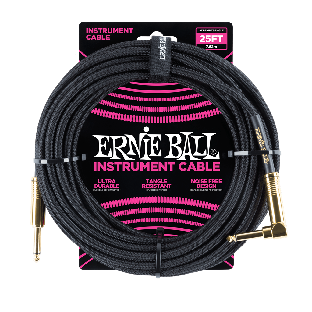 Ernie Ball 25ft Straight- Angled Braided Cable Black