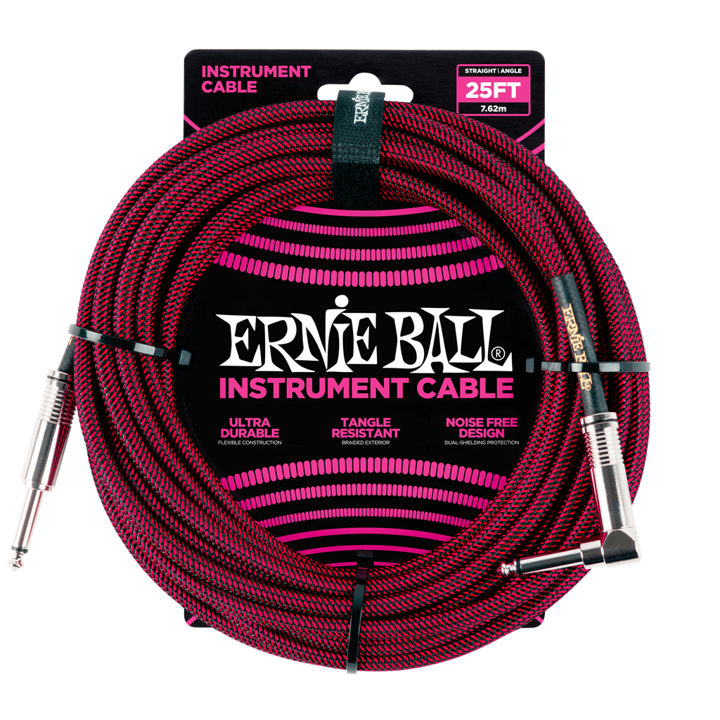 Ernie Ball 25ft Straight - Angled Braided Cable Red